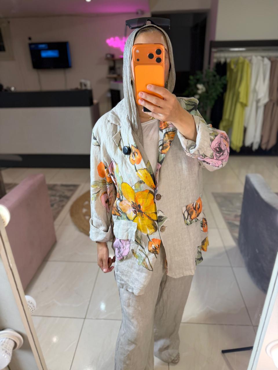 Floral Blazer linen Beige italian Set