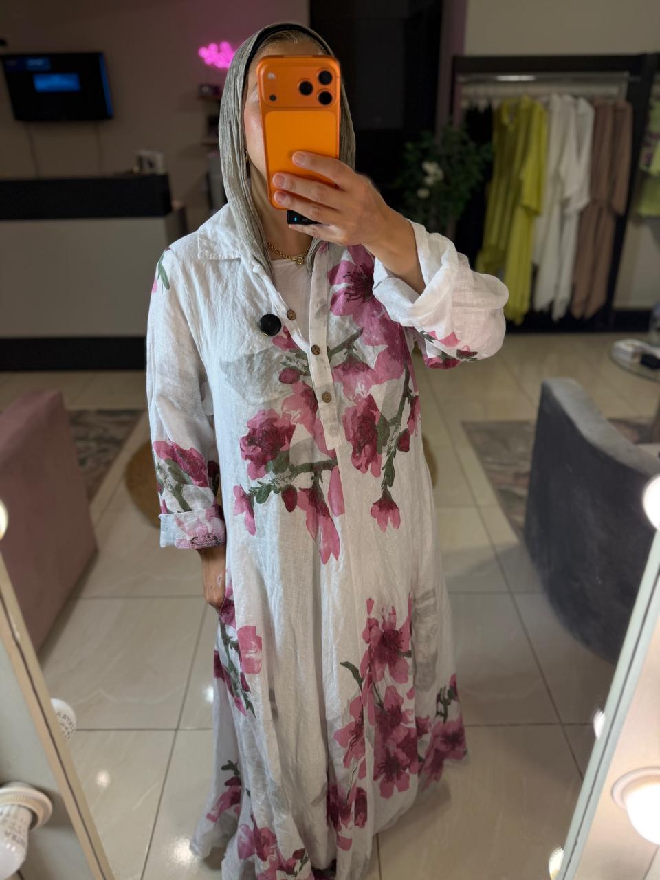 Floral linen Italian White Dress