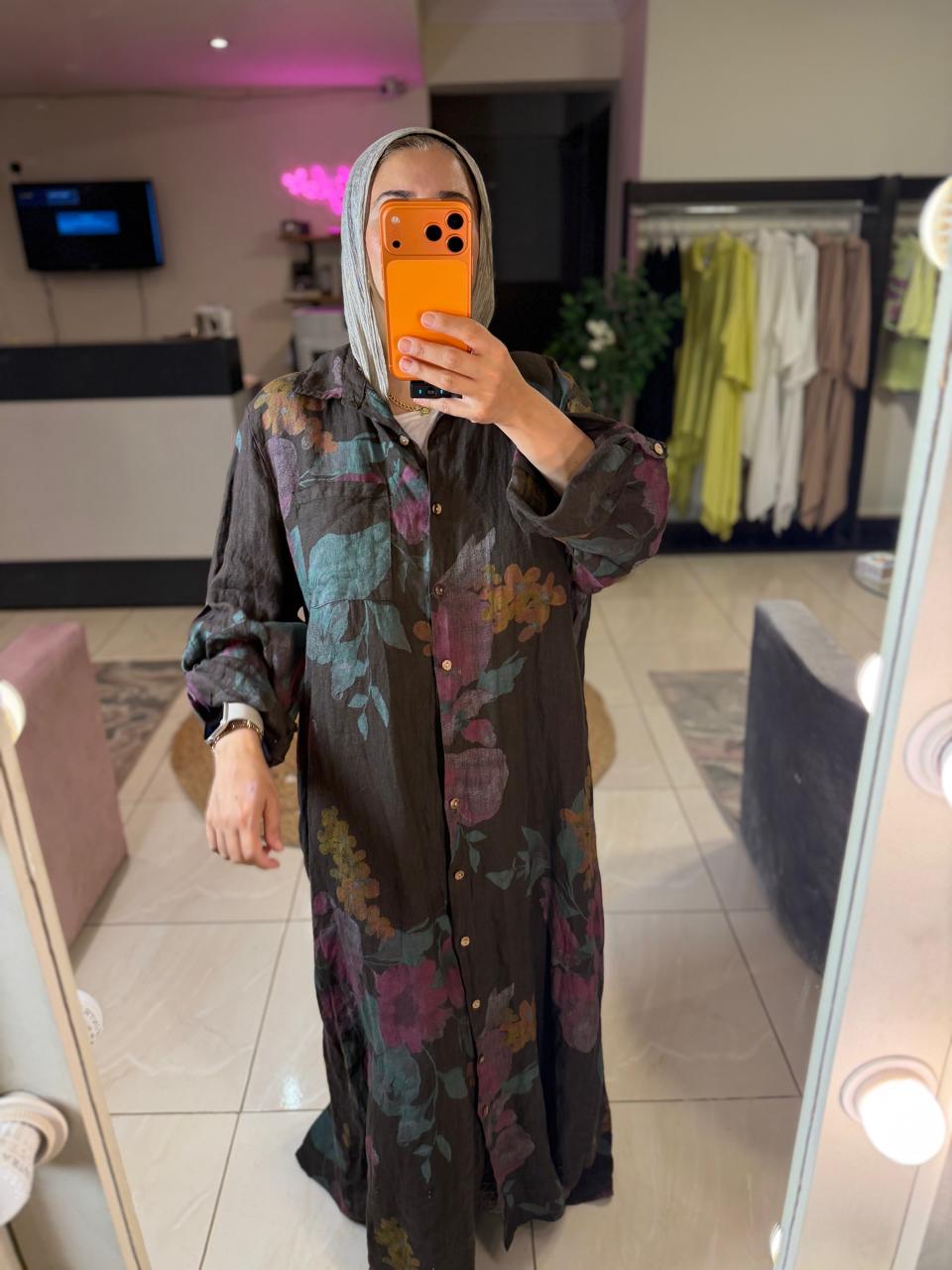 Floral linen Italian Brown Dress