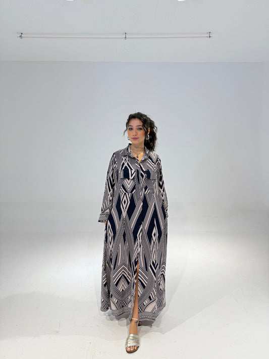 Geo Dress in Dark Navy Blue & Beige