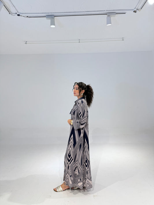 Geo Dress in Dark Navy Blue & Beige