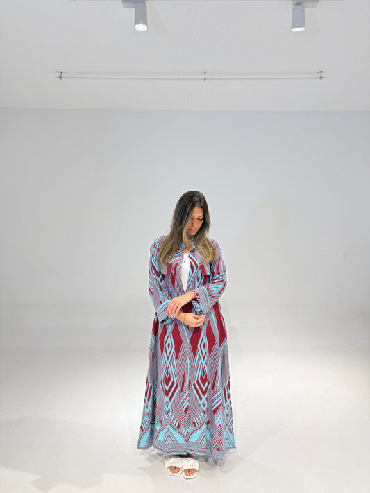 Geo Dress in Burgundy & Baby Blue