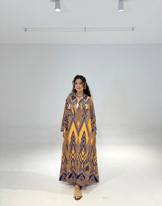 Geo Dress in Blue & Mustard Yellow