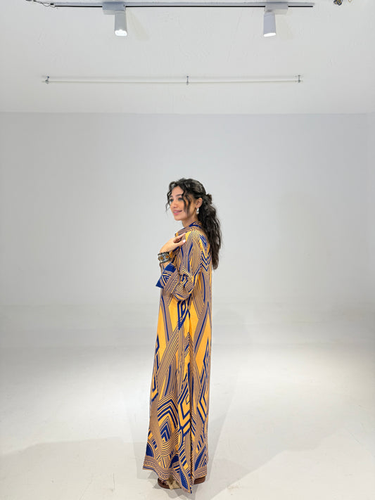 Geo Dress in Blue & Mustard Yellow