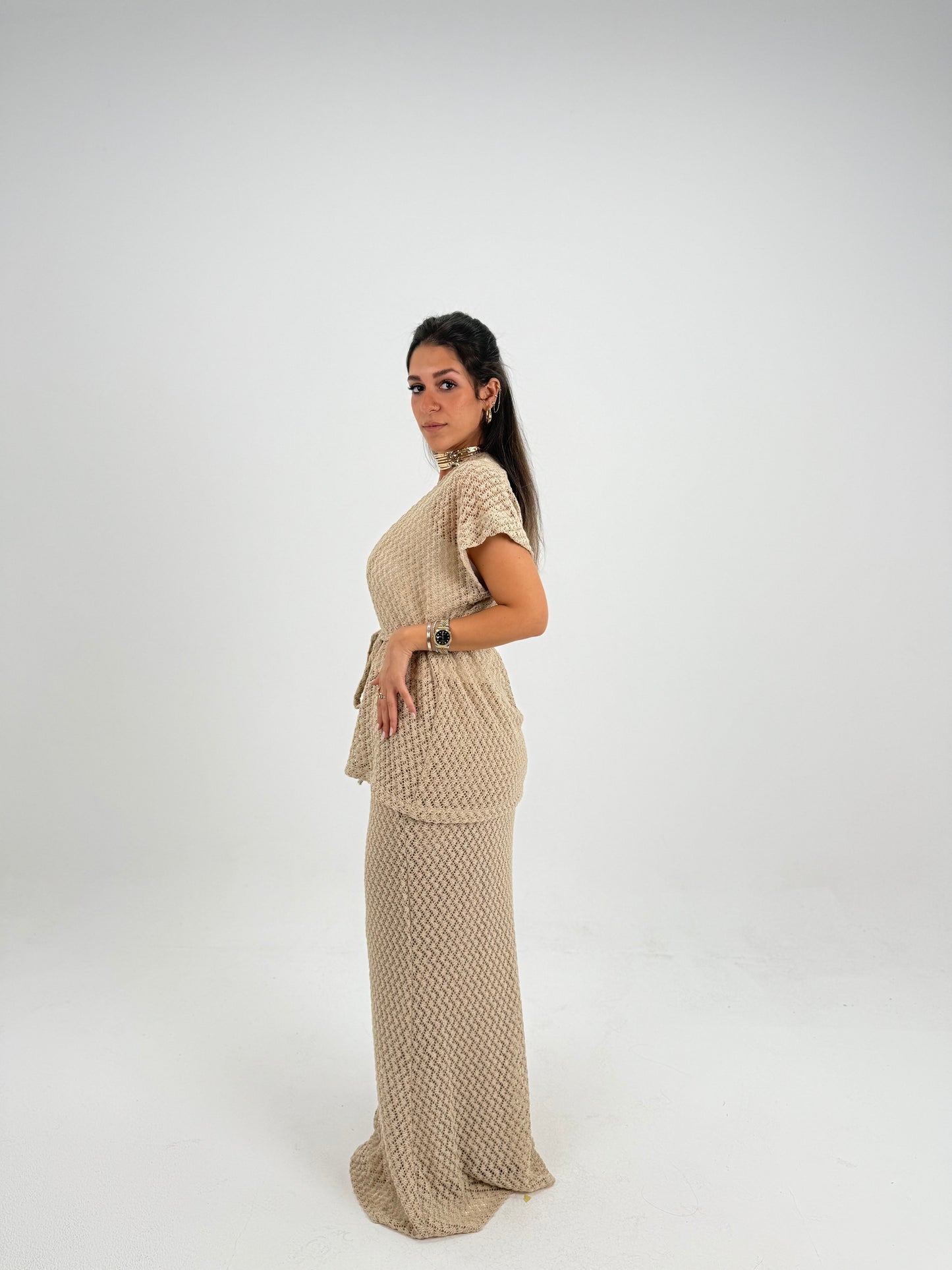 Crochet Short vest in Beige With knitted skirt