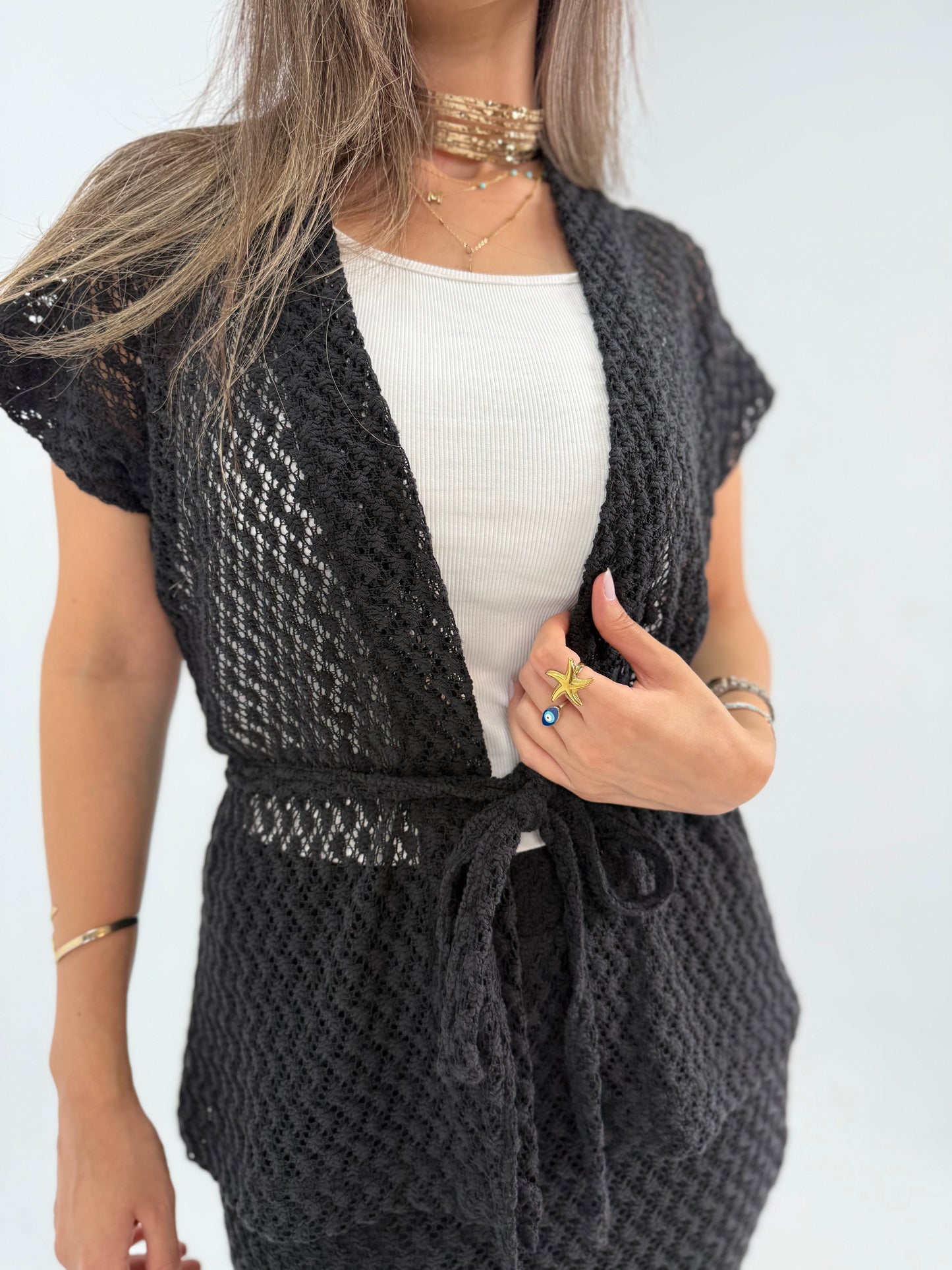 Crochet Short vest in black With knitted skirt