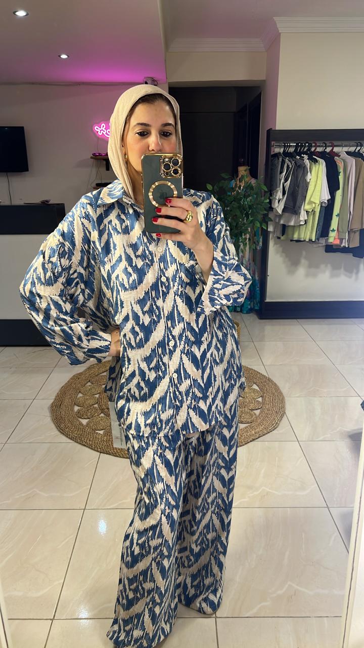 Blue Linen Set with Rhinestones