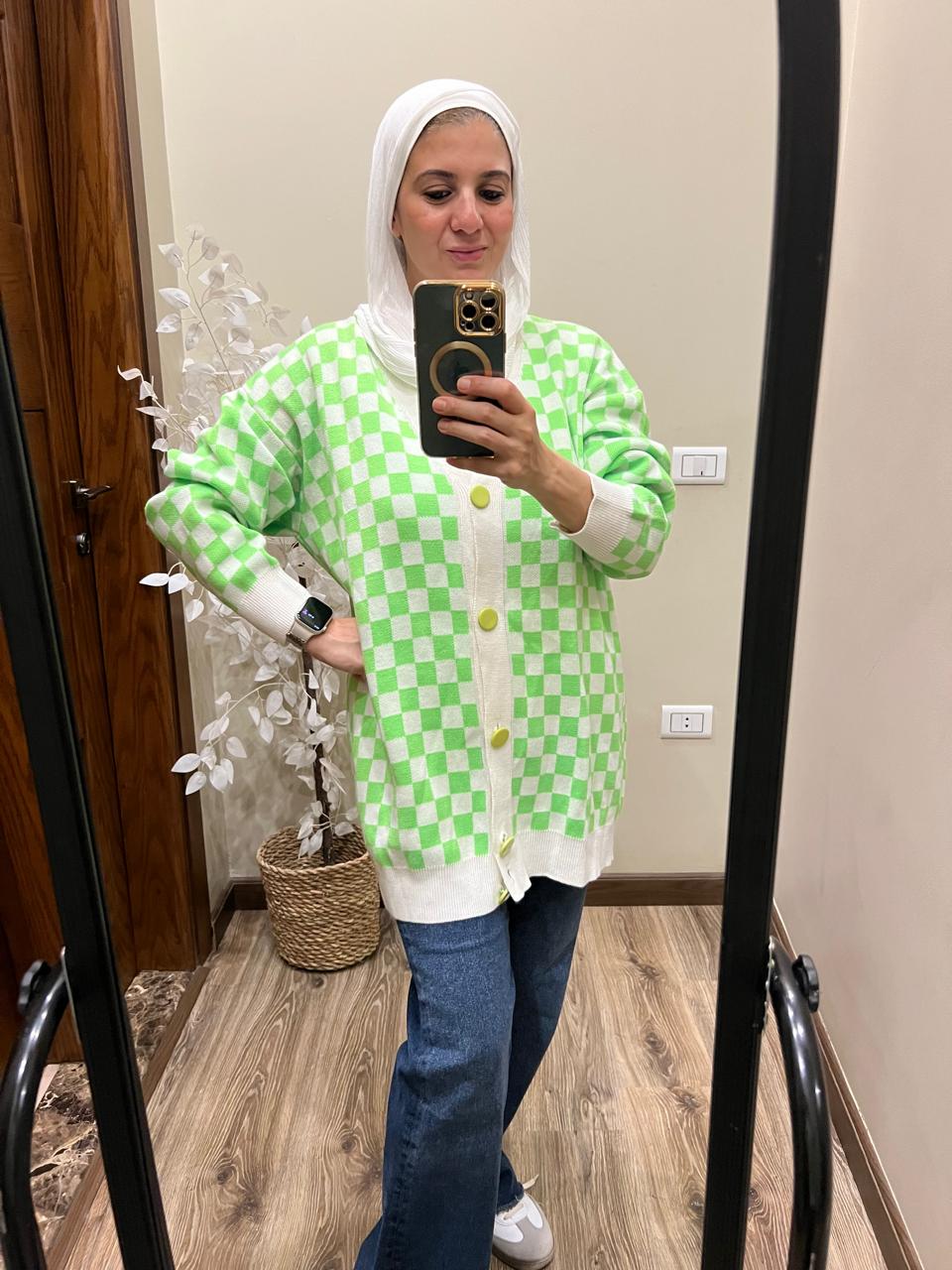 Checkered Pattern Big Button Knitwear Cardigan