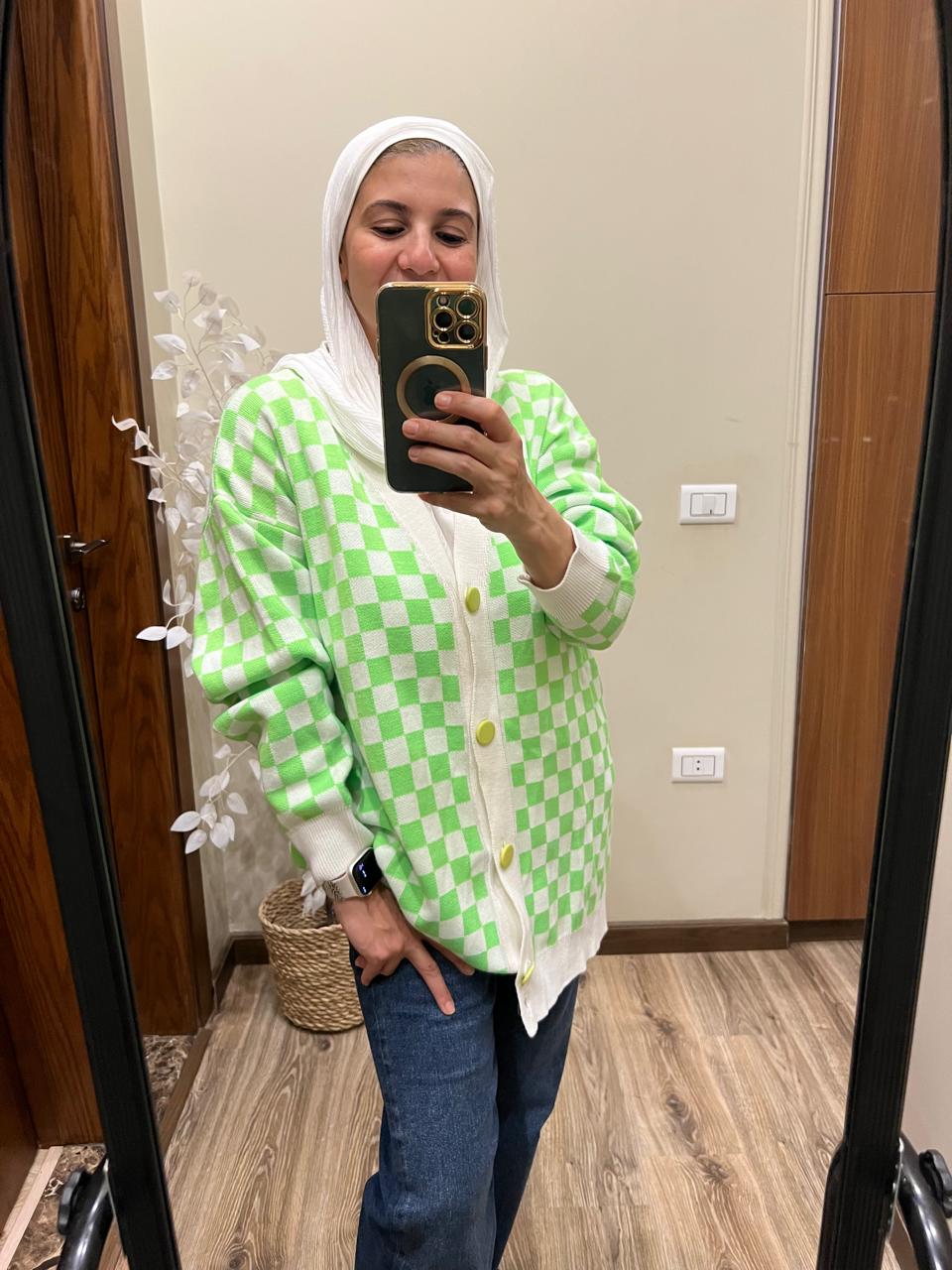 Checkered Pattern Big Button Knitwear Cardigan