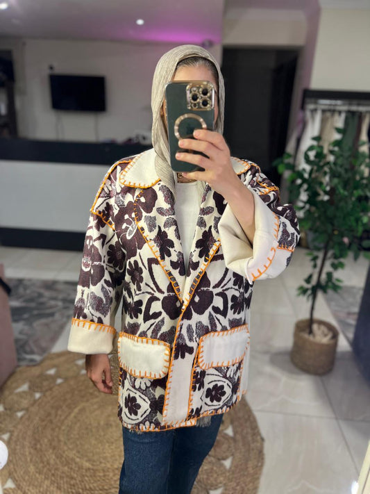 Brown and White Floral Print Jacket