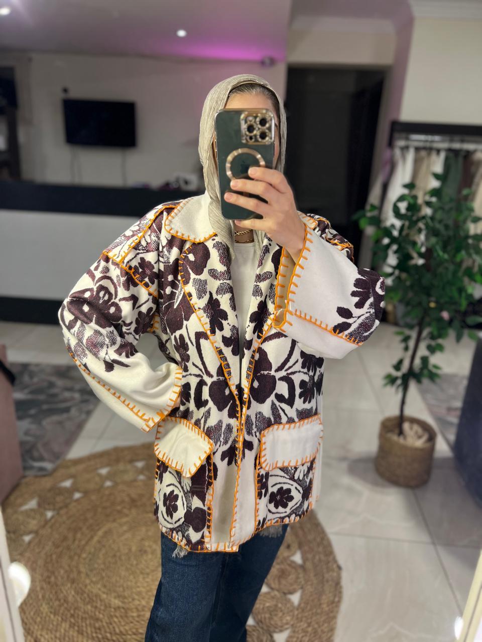 Brown and White Floral Print Jacket