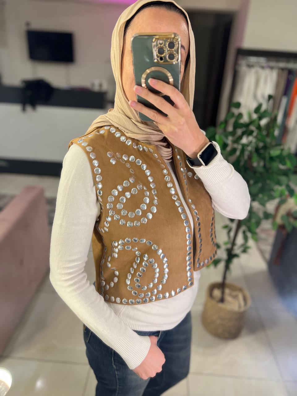 Camel suede vest with studs