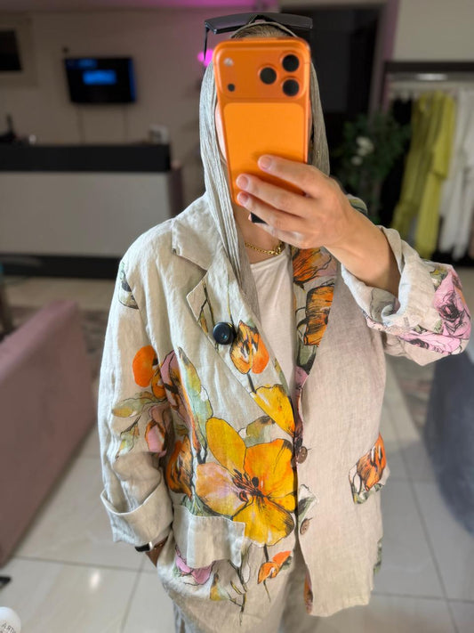 Floral Blazer linen Beige italian Set