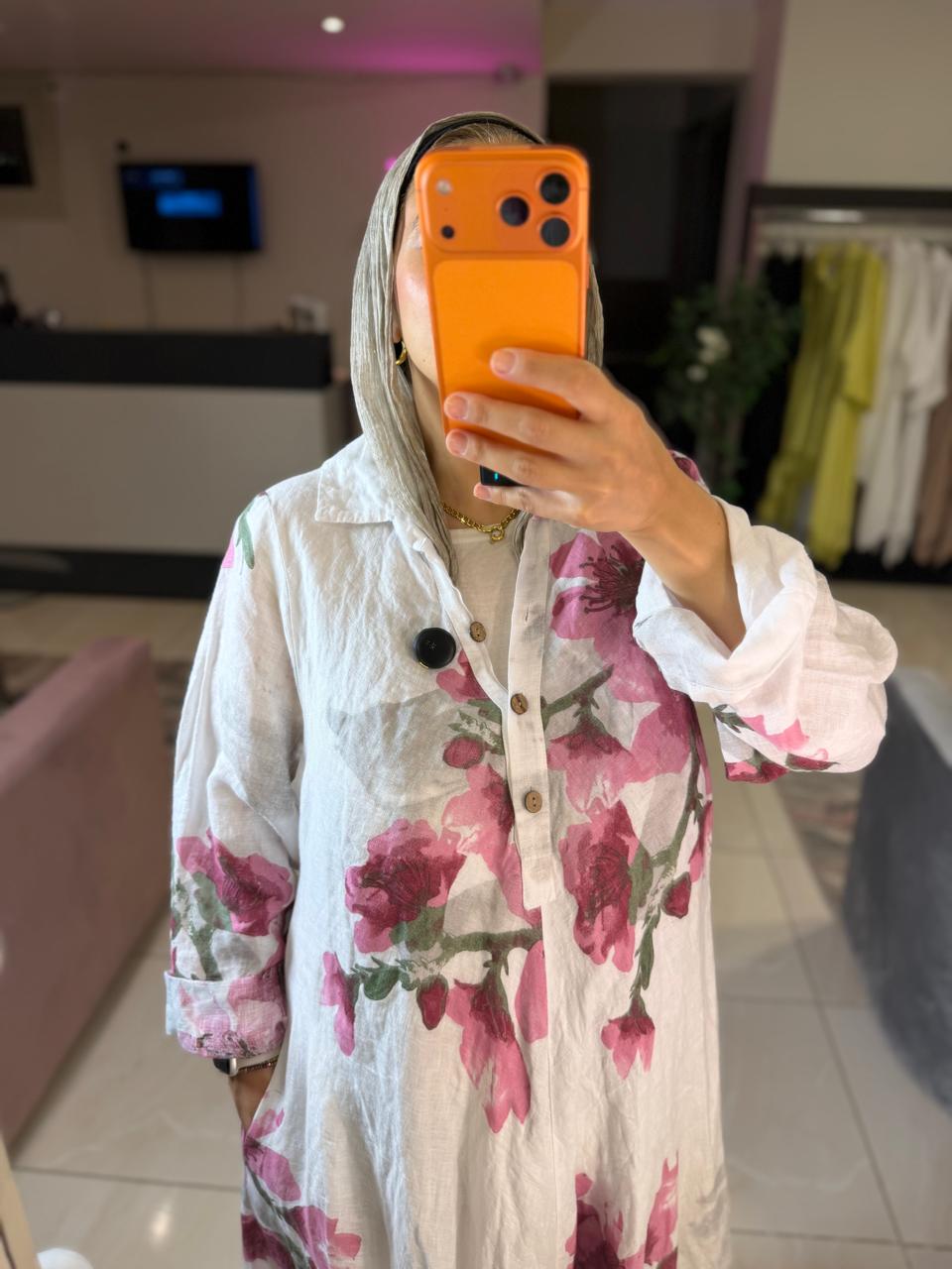 Floral linen Italian White Dress