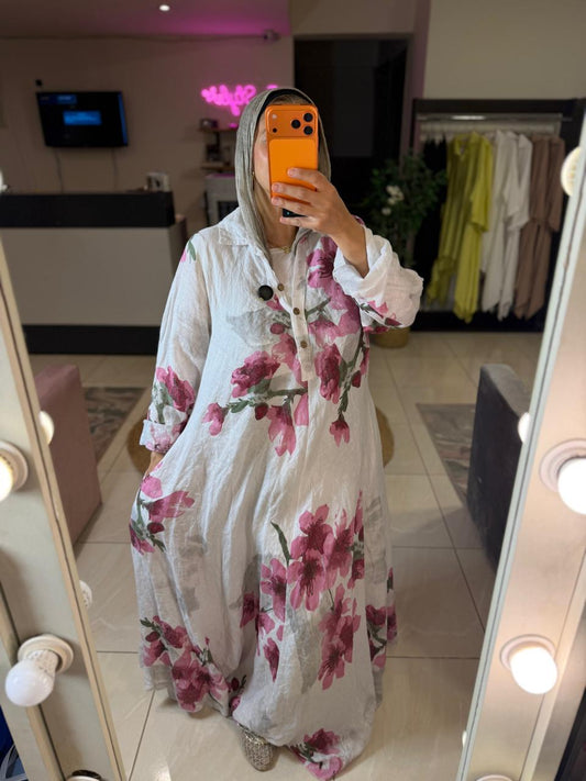 Floral linen Italian White Dress
