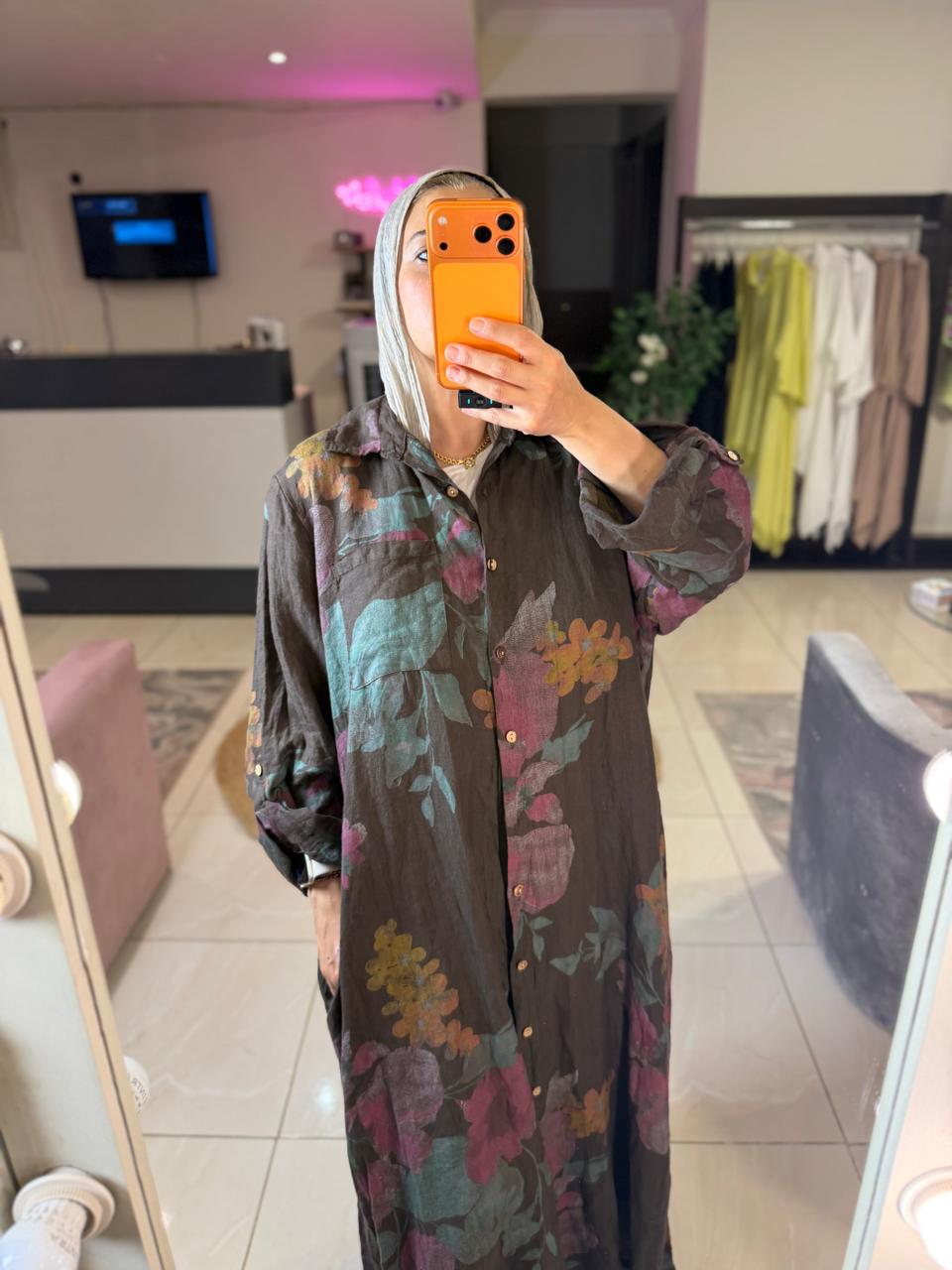 Floral linen Italian Brown Dress