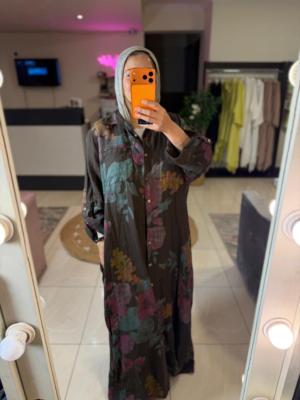 Floral linen Italian Brown Dress