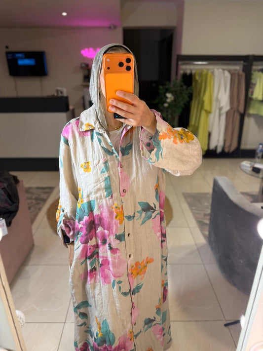 Floral linen Italian Beige Dress