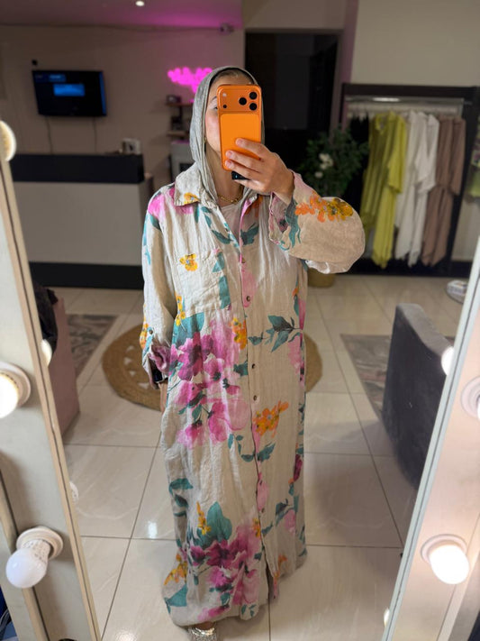 Floral linen Italian Beige Dress