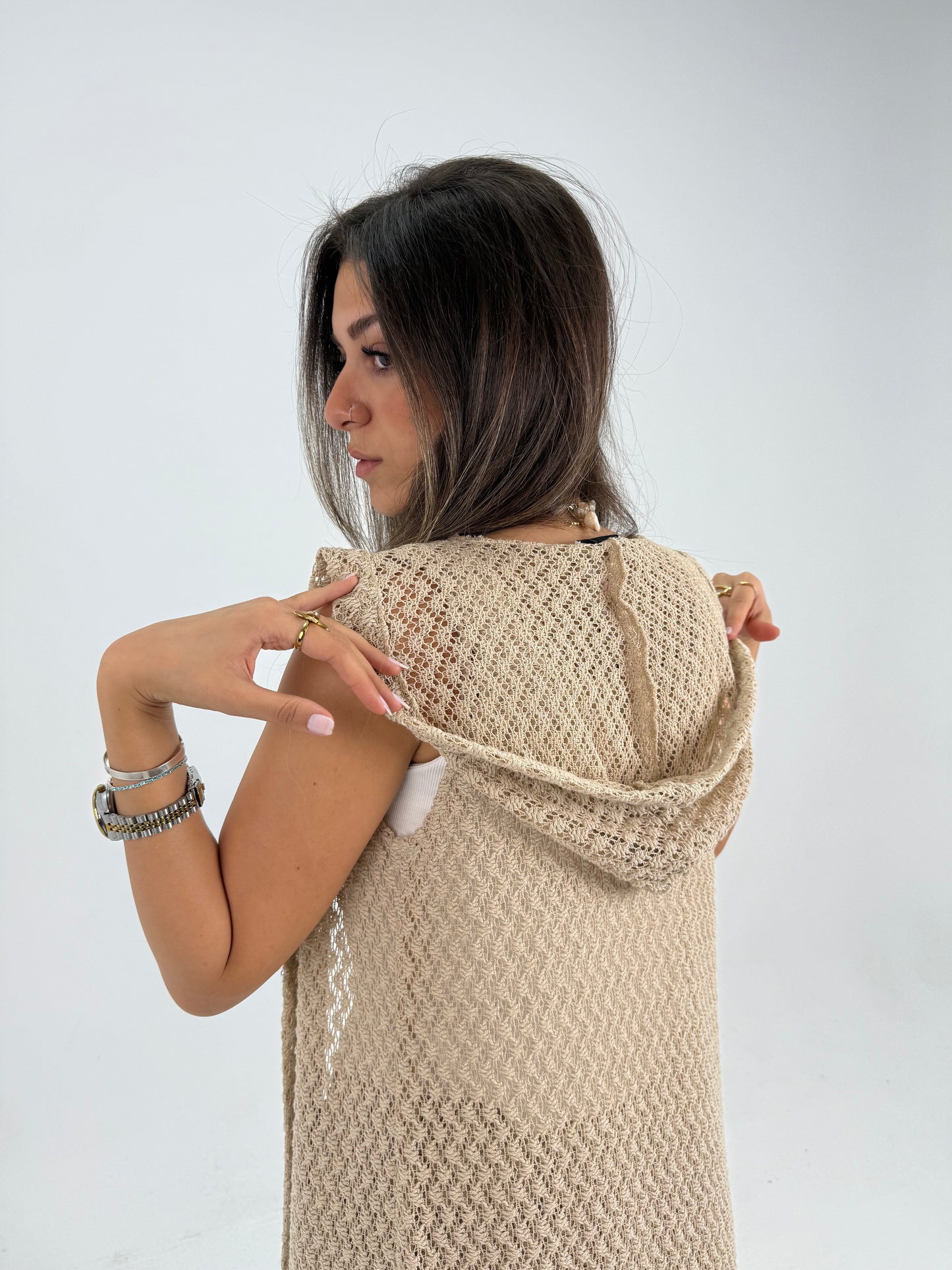 Hooded crochet long vest in beige With knitted pants 