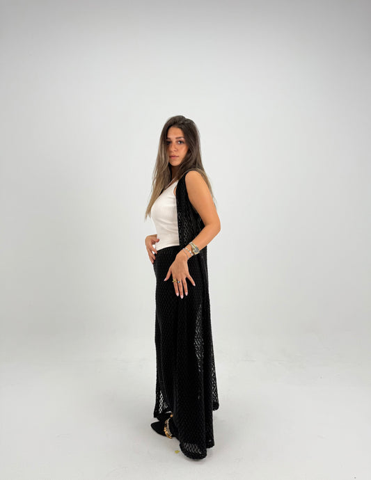 Hooded crochet long vest in black With knitted pants 