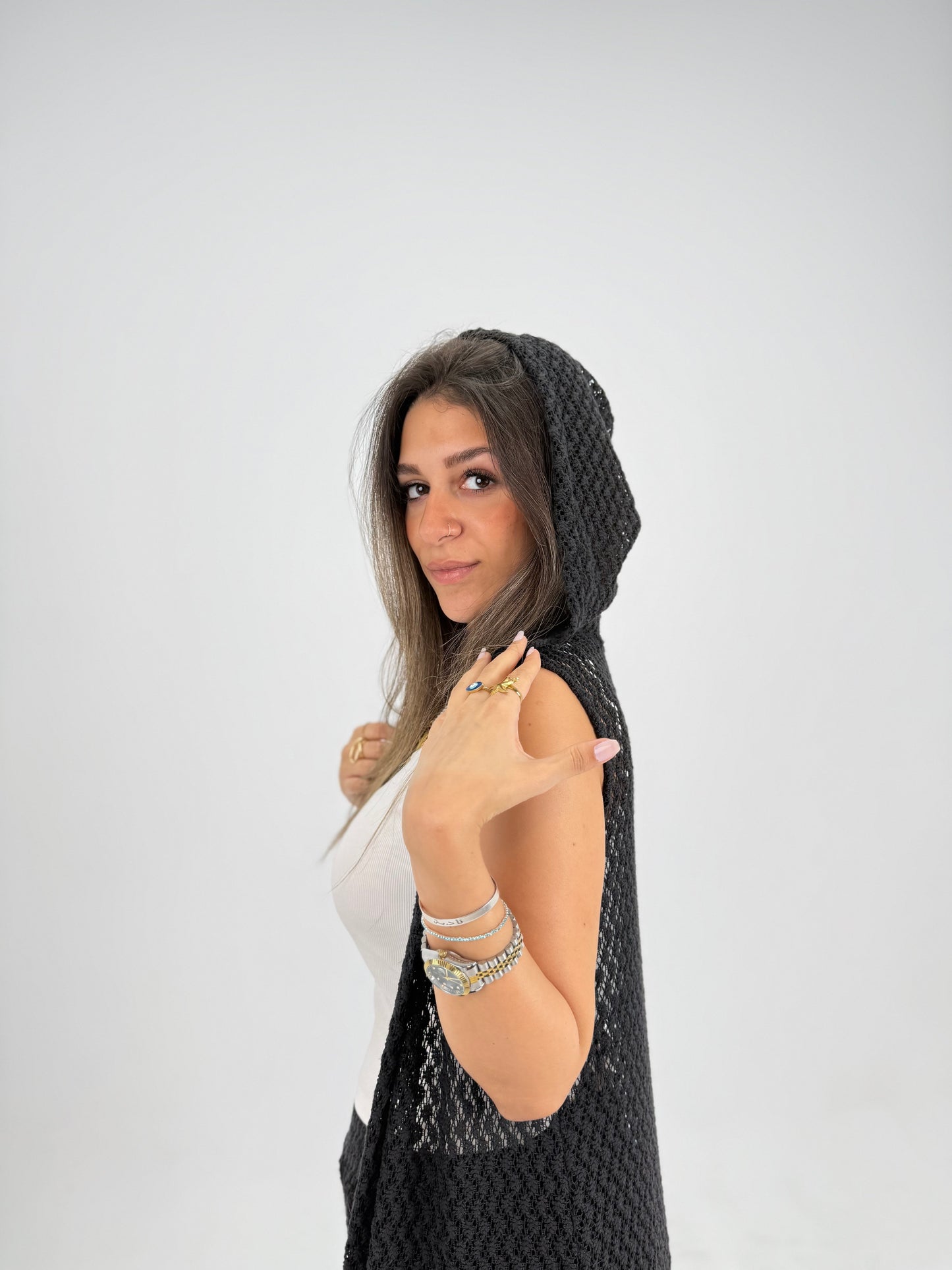 Hooded crochet long vest in black With knitted pants 