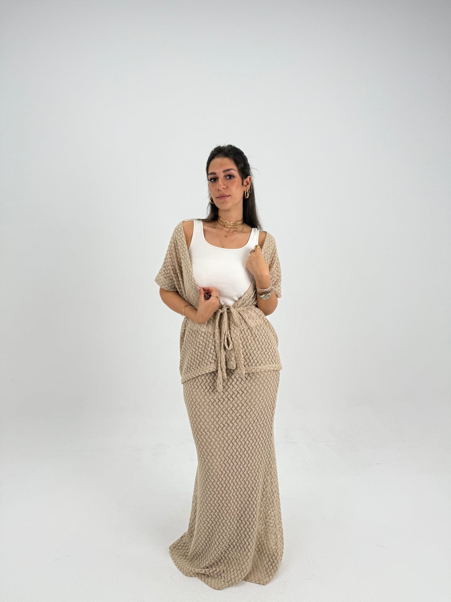 Crochet Short vest in Beige With knitted  skirt