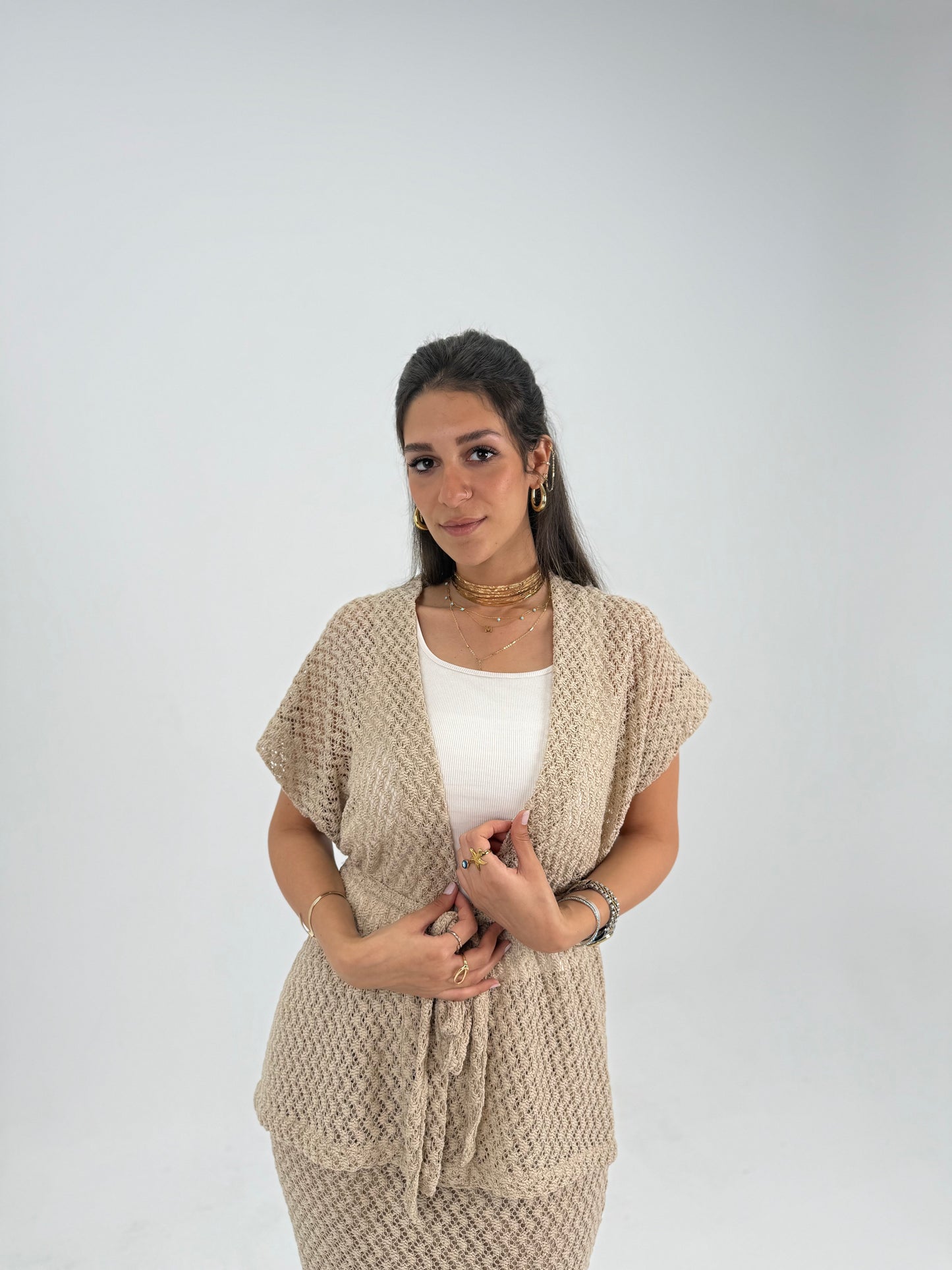 Crochet Short vest in Beige With knitted  skirt
