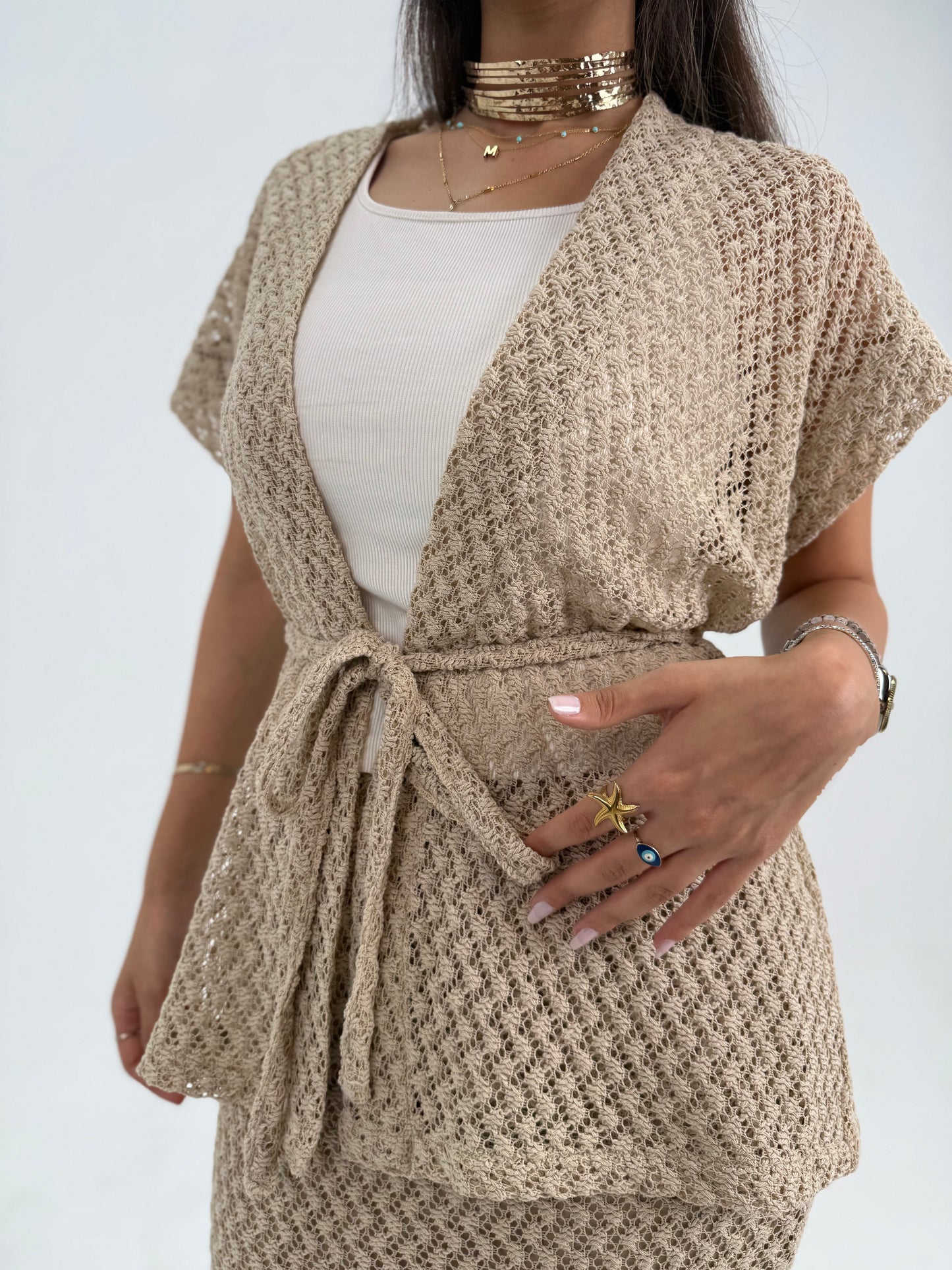 Crochet Short vest in Beige With knitted  skirt