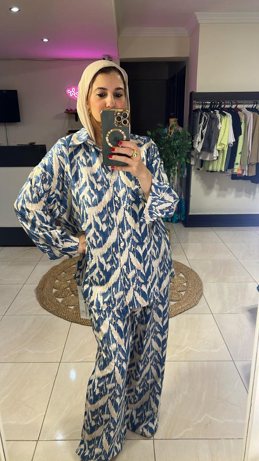 Blue Linen Set with Rhinestones