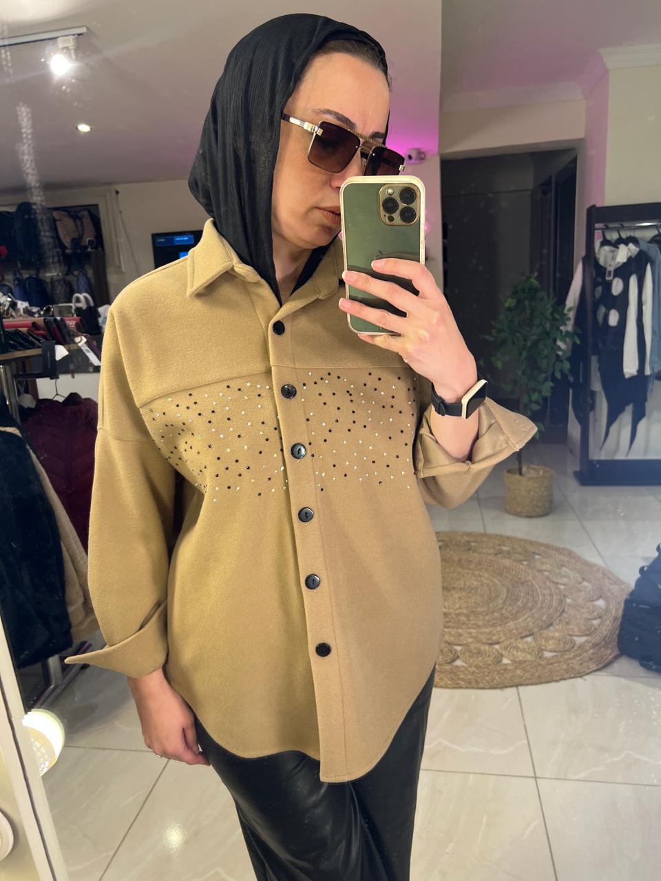 Camel Wool Shirt with Rhinestones