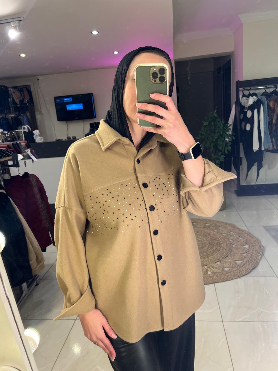 Camel Wool Shirt with Rhinestones