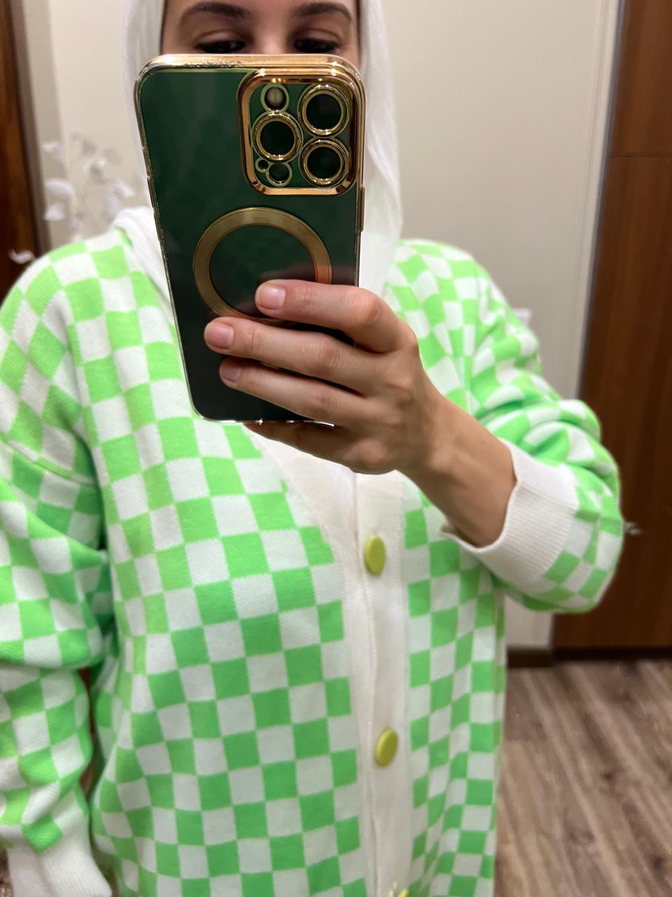 Checkered Pattern Big Button Knitwear Cardigan