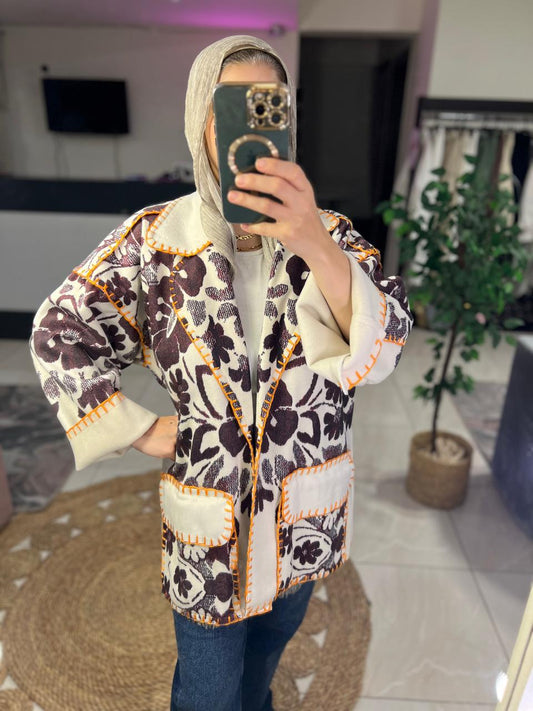 Brown and White Floral Print Jacket