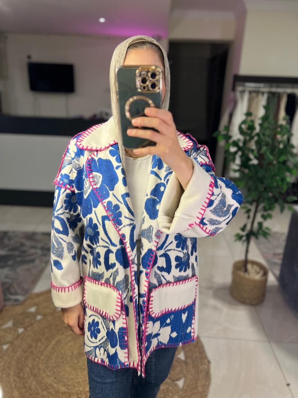 Blue and White Floral Print Jacket