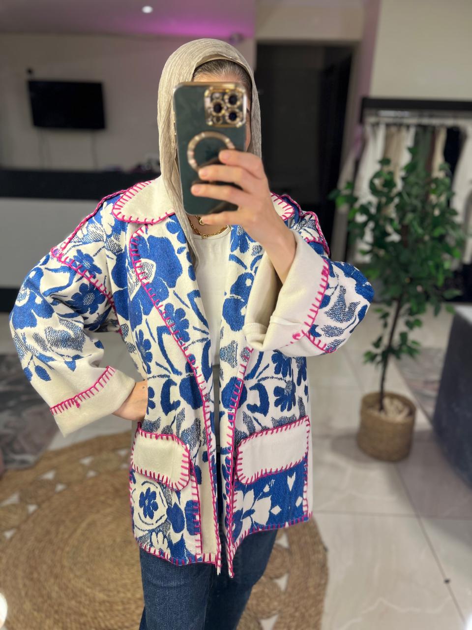 Blue and White Floral Print Jacket