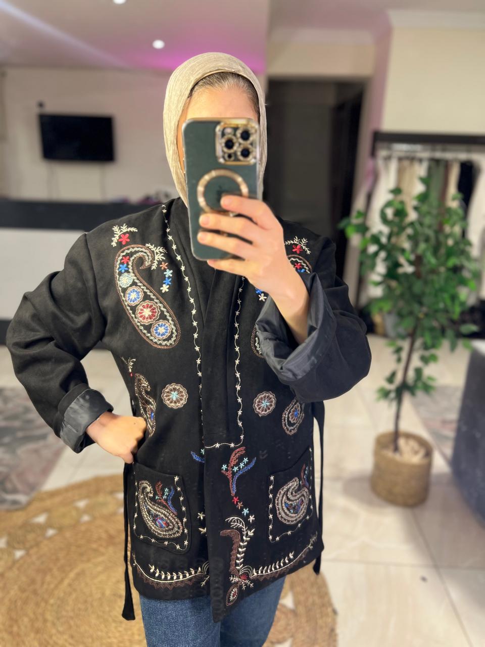 Black  Embroidered Suede Jacket