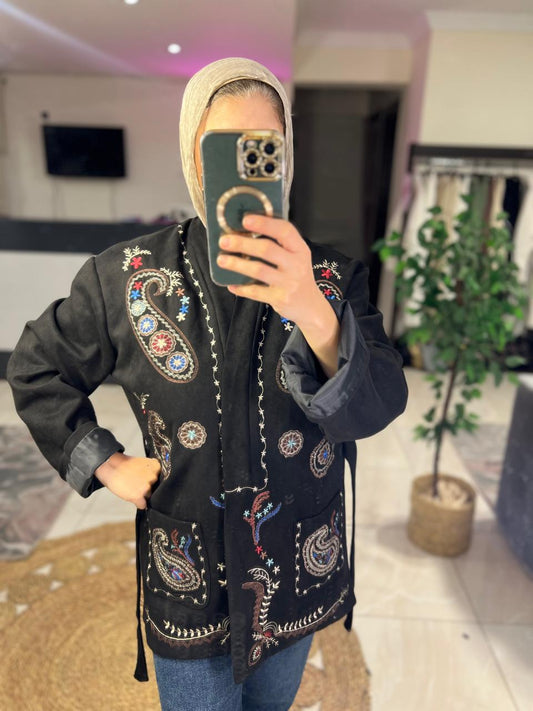 Black  Embroidered Suede Jacket