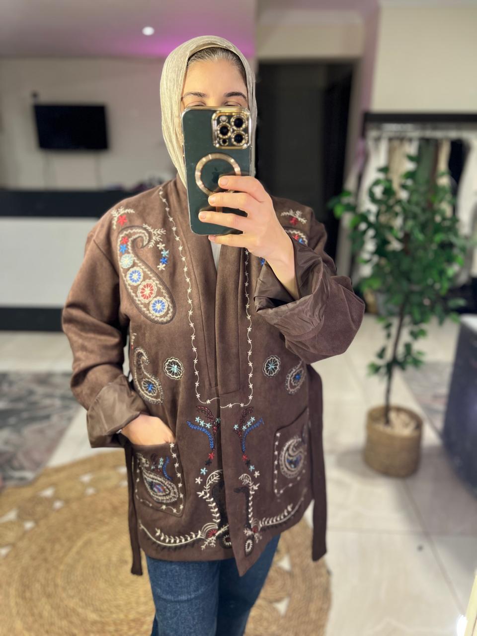 Brown  Embroidered Suede Jacket