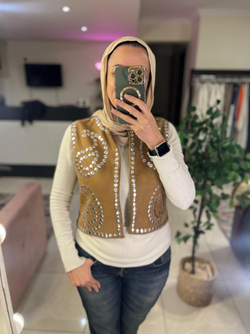Camel suede vest with studs