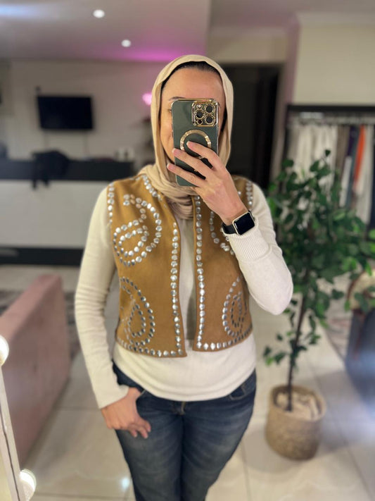 Camel suede vest with studs