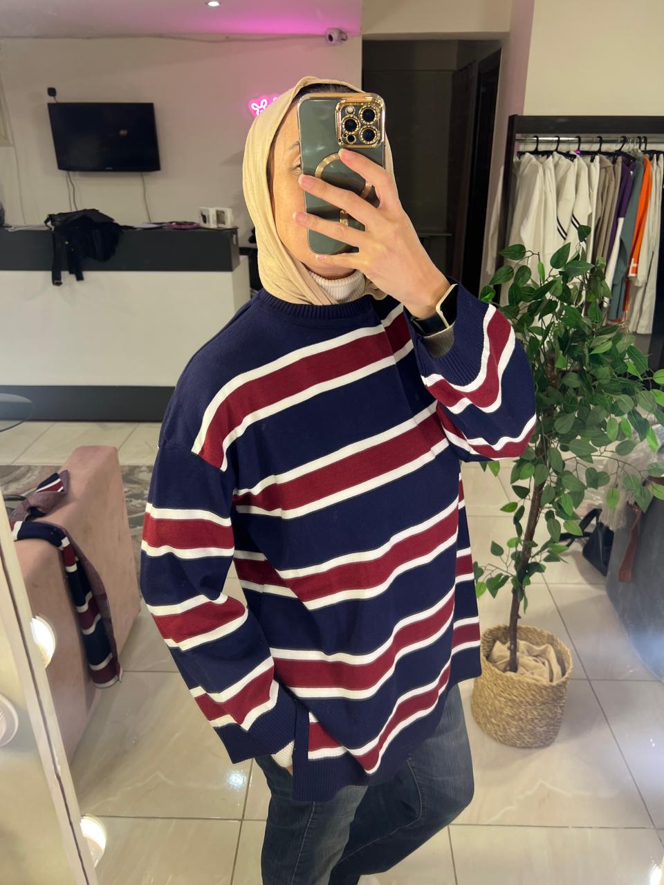 Striped pullover with matching scarf