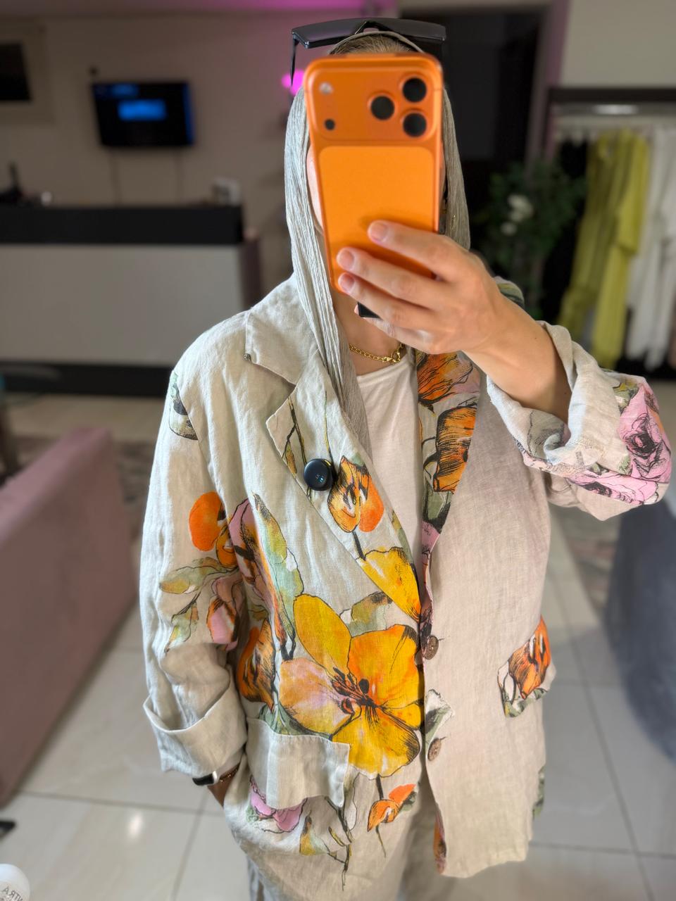 Floral Blazer linen Beige italian Set